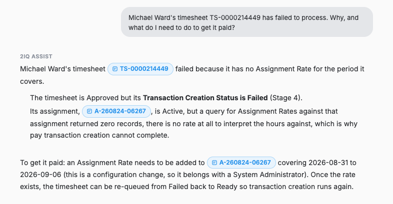 2IQ Assist explaining a failed timesheet: the assignment has no assignment rate covering the period