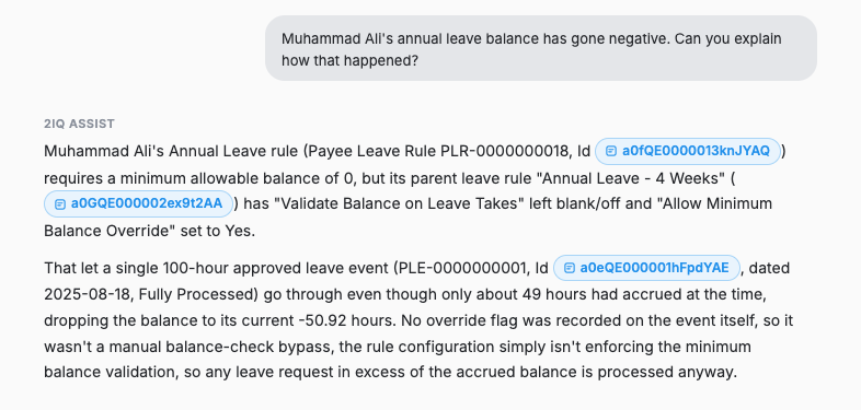 2IQ Assist tracing a negative leave balance to a leave rule that does not validate balances on takes