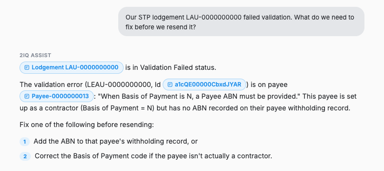2IQ Assist quoting the STP validation error and naming the payee it applies to
