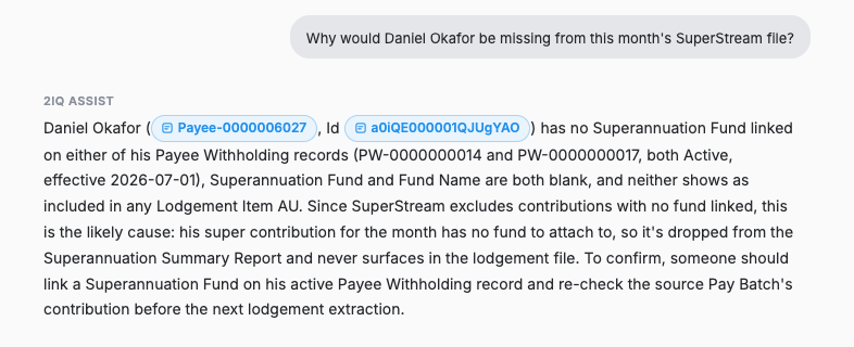 2IQ Assist finding a payee with a super withholding but no fund linked