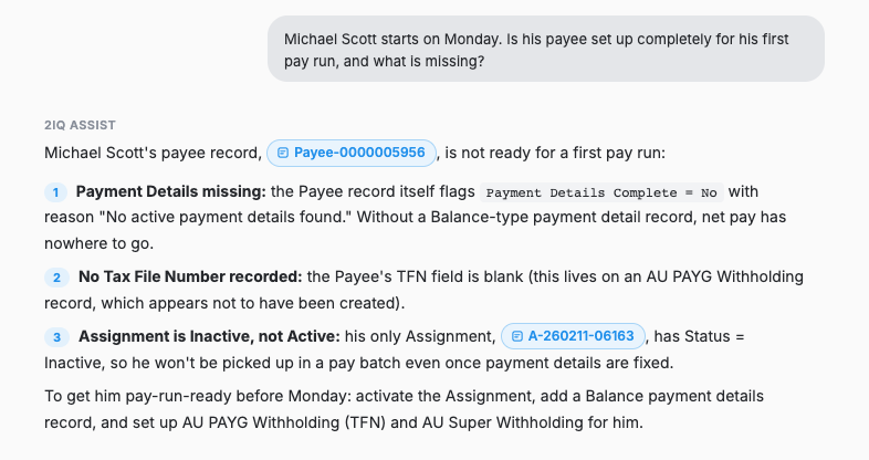 2IQ Assist checking a new starter's payee record and listing the three records still missing before the first pay run