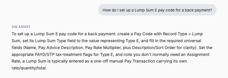 2IQ Assist explaining how to set up a Lump Sum E pay code for a back payment, naming the record type and required fields